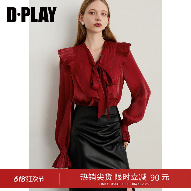 DPLAY秋季新款红色衬衫女荷叶边蝴蝶结系带设计上衣衬衣