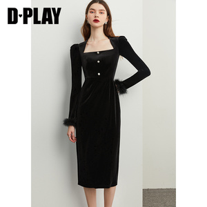DPLAY冬新法式经典黑方领可拆卸毛条后开衩丝绒连衣裙礼服裙
