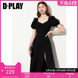 方领法式 DPLAY德帕拉2024夏黑色连衣裙泡泡袖 开叉赫本风小黑裙