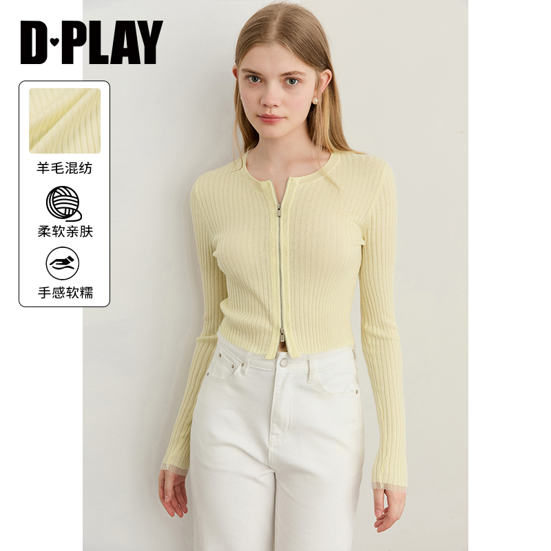 DPLAY2025年秋季新款黄色针织衫女含羊毛上衣修身圆领开衫外套