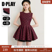 红色连衣裙女独特网纱拼接短款 DPLAY2025年秋季 新款 波点裙子短裙