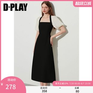 气质小黑裙连衣裙长裙女 DPLAY2025夏方领连衣裙鎏光纱拼接泡泡袖