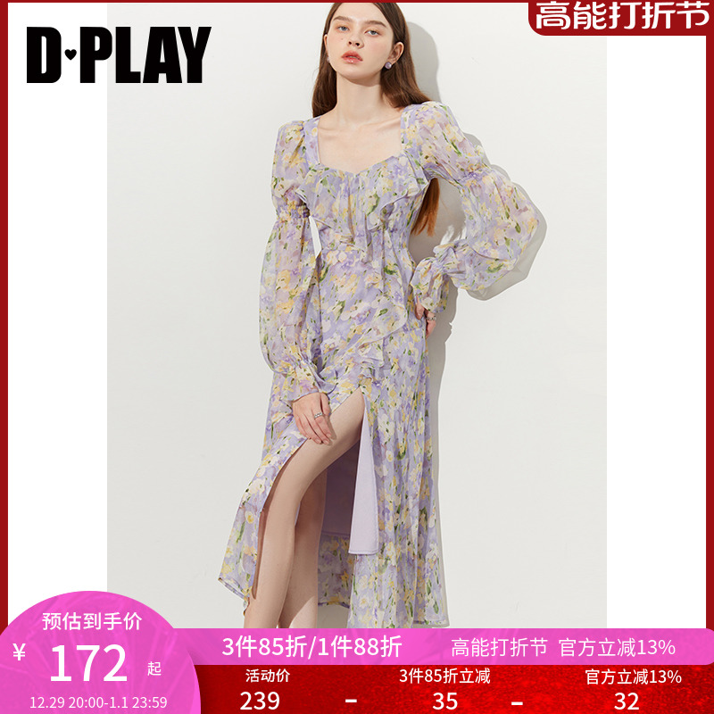 DPLAY2023秋温柔度假紫调印象花园葫芦袖雪纺连衣裙气质显瘦长裙