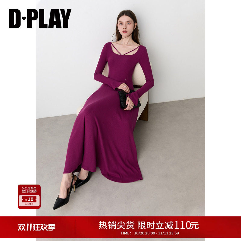 DPLAY紫色小心机挂脖交叉带长袖长裙显瘦鱼尾长袖连衣裙2026秋季