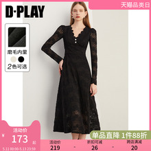 DPLAY春装连衣裙V领黑色蕾丝法式加绒内搭高级感公主裙女