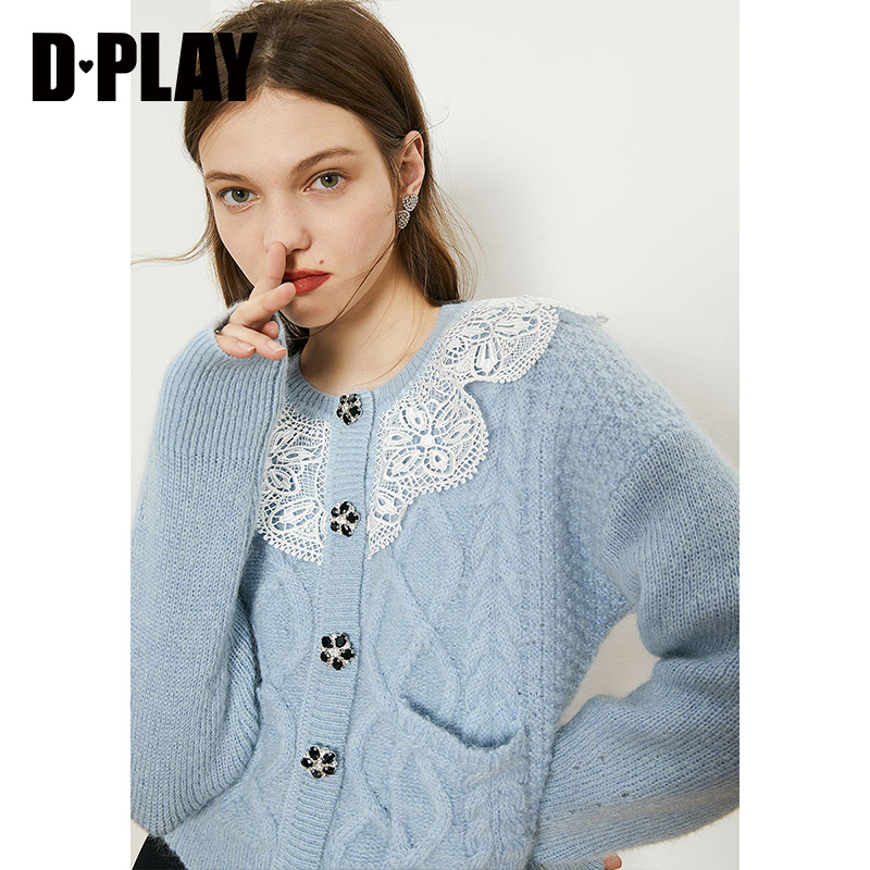 dplay新款蓝色法式ins针织开衫