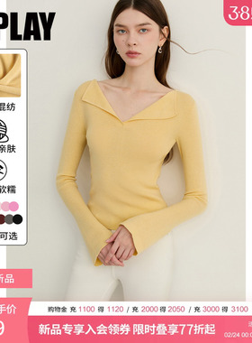 DPLAY黄色翻领喇叭袖针织小衫2026年春季新款修身气质通勤上衣女