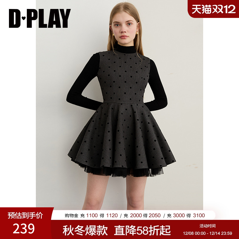 DPLAY2025年秋季新款灰色连衣裙女植绒波点撞色拼网纱裙子短裙