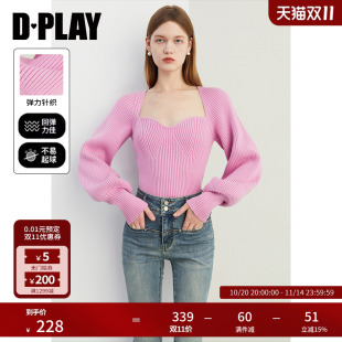 上衣长袖 气质粉色毛衣女美背领粗针套头针织衫 新款 DPLAY2025秋季