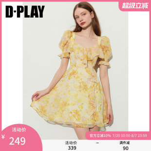 印花海边沙滩裙 DPLAY新款 度假法式 黄色连衣裙女荷叶边泡泡袖 短款