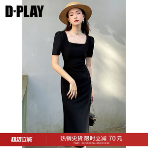DPLAY2026夏季气质法式复古黑色侧开衩高腰短袖连衣裙小黑裙女
