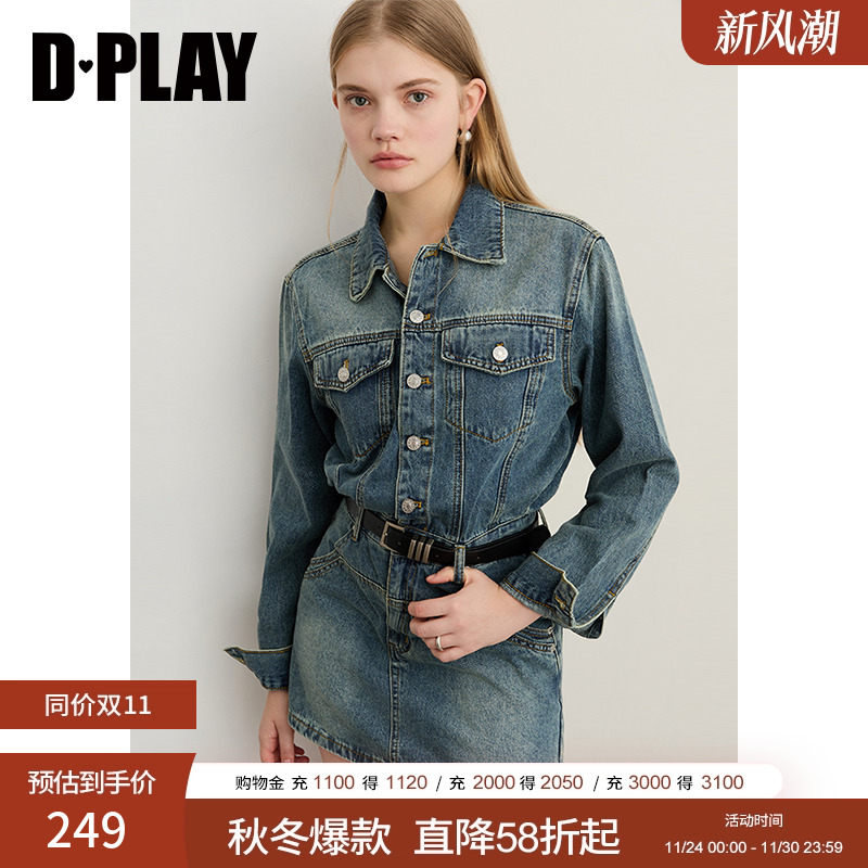 DPLAY2025年秋季新款蓝色连衣裙女短款正肩宽松牛仔裙子长袖短裙