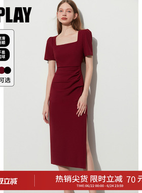DPLAY夏季方领红色连衣裙气质复古红裙短袖女回门服礼服订婚长裙
