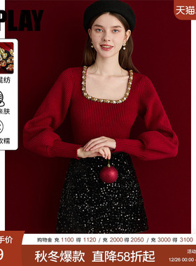 DPLAY2025年冬季新款新年红色毛衣方领法式女独特上衣气质针织衫