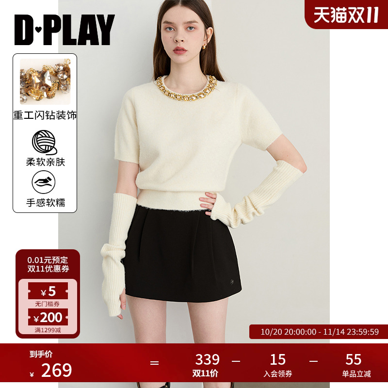 DPLAY2025年秋季新款白色针织衫女含羊毛独特闪钻设计长袖上衣