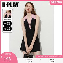 DPLAY2025夏新款黑色v领连衣裙女法式气质短款收腰裙子冰丝短裙