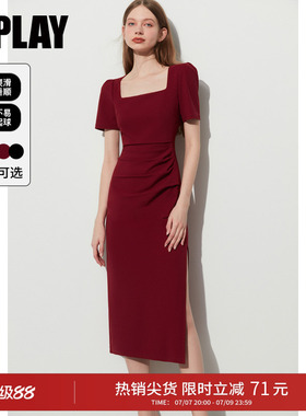 DPLAY夏季方领红色连衣裙气质复古红裙短袖女回门服礼服订婚长裙
