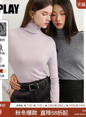 DPLAY2025年冬季新款灰色针织打底衫女高领全身烫钻好看针织衫