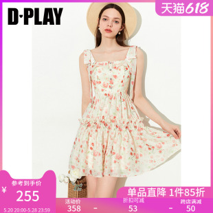 DPLAY夏少女感奶油玫瑰园蝴蝶结飘带抽褶蓬蓬裙度假风吊带裙