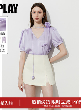 DPLAY夏季新款气质紫色上衣女独特法式缎面衬衫短袖衬衣女