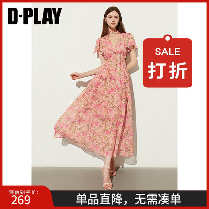 DPLAY2025夏季气质度假粉色连衣裙碎花短袖海边雪纺长裙沙滩裙