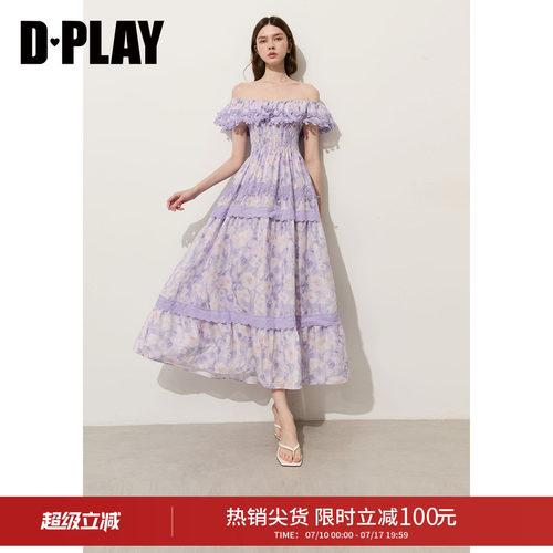 DPLAY【度假系列】紫色一字领荷叶边蕾丝无袖印花连衣裙2026夏季