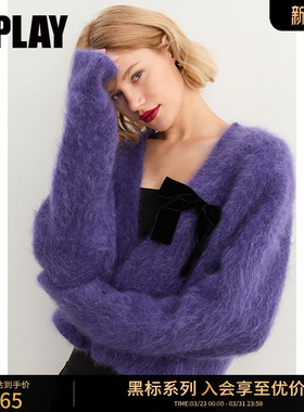DPLAY【黑标】秋装新复古法式紫色马海毛慵懒风V领针织开衫