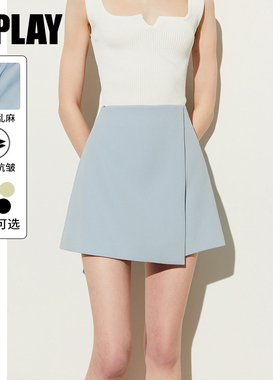 DPLAY夏通勤蓝色高腰不对称式搭片式收腰A字短款短裤女