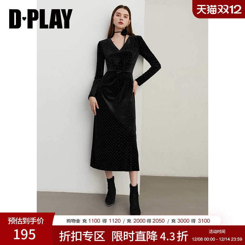 DPLAY法式连衣裙长袖丝绒裙
