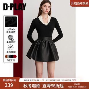 长袖 黑色撞色立体花朵翻领气质修身 上衣女 新款 DPLAY2025年冬季