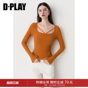DPLAY橘色方领上衣细带喇叭袖短款修身日常休闲打底衫2026秋季