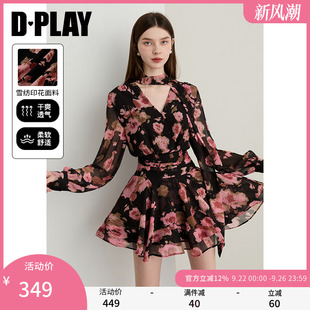 DPLAY2025秋季 粉黑色連衣裙女好看獨特法式 雪紡裙子長袖 短裙 新款