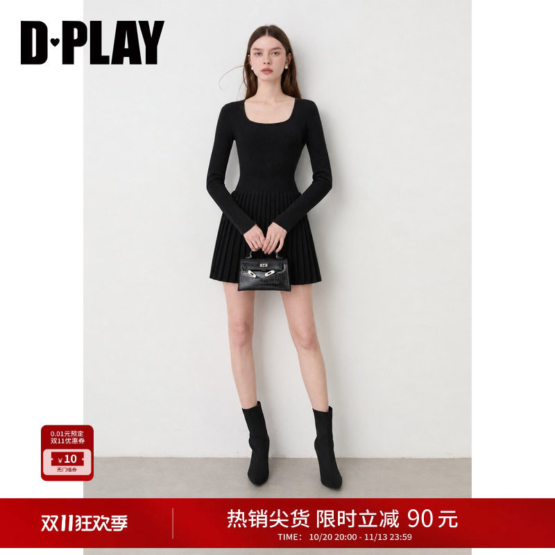 DPLAY【惠品】黑色方领百褶短裙女针织法式连衣裙2026冬季新款