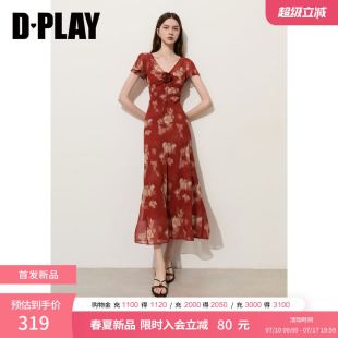 DPLAY【度假系列】V领荷叶短袖红色修身海边连衣裙2026夏季长裙