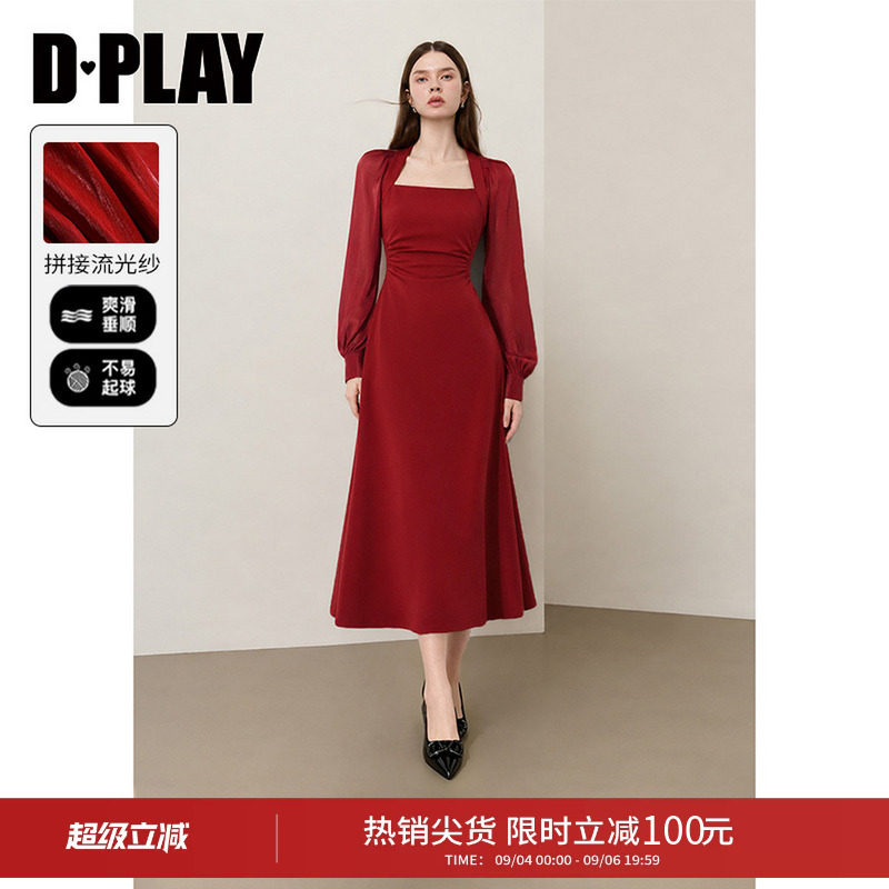 DPLAY红裙方领长袖收腰party轻礼服连衣裙2026秋季新款法式气质图片