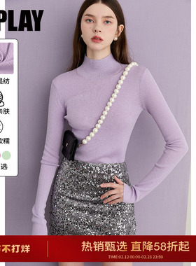 DPLAY2026年春季新款紫色针织衫女独特含羊毛上衣长袖修身打底衫
