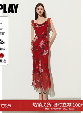 DPLAY红色印花荡领吊带连衣裙夏季荷叶边雪纺裙度假沙滩裙鱼尾裙