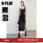 DPLAY春季 通勤黑色U领收腰吊带裙女PU长裙裙子女 新品