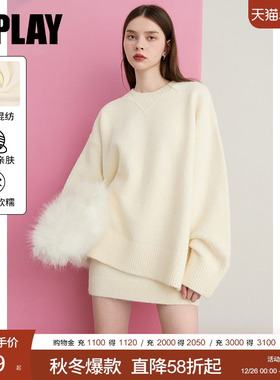 DPLAY2025年冬季新款白色毛衣女慵懒宽松含羊毛针织衫长袖上衣