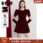 惠品 礼服 新年红色丝绒连衣裙女泡泡袖 DPLAY 袖 套小礼服生日裙