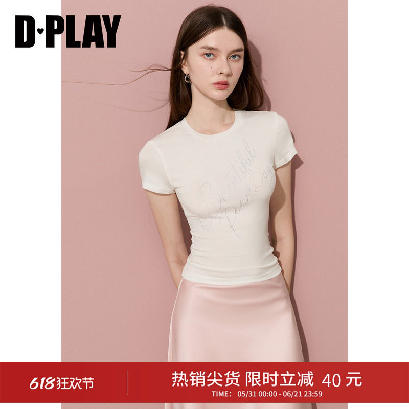 DPLAY【奶皮T】云感T莱赛尔白色T恤2026年夏季时尚亮钻感收腰上衣