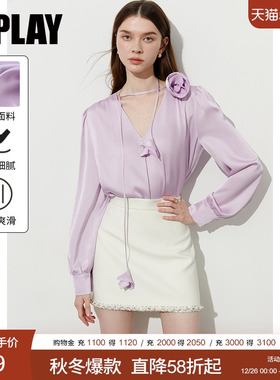 DPLAY2026年春季新款法式紫色衬衫女气质独特缎面衬衣上衣长袖