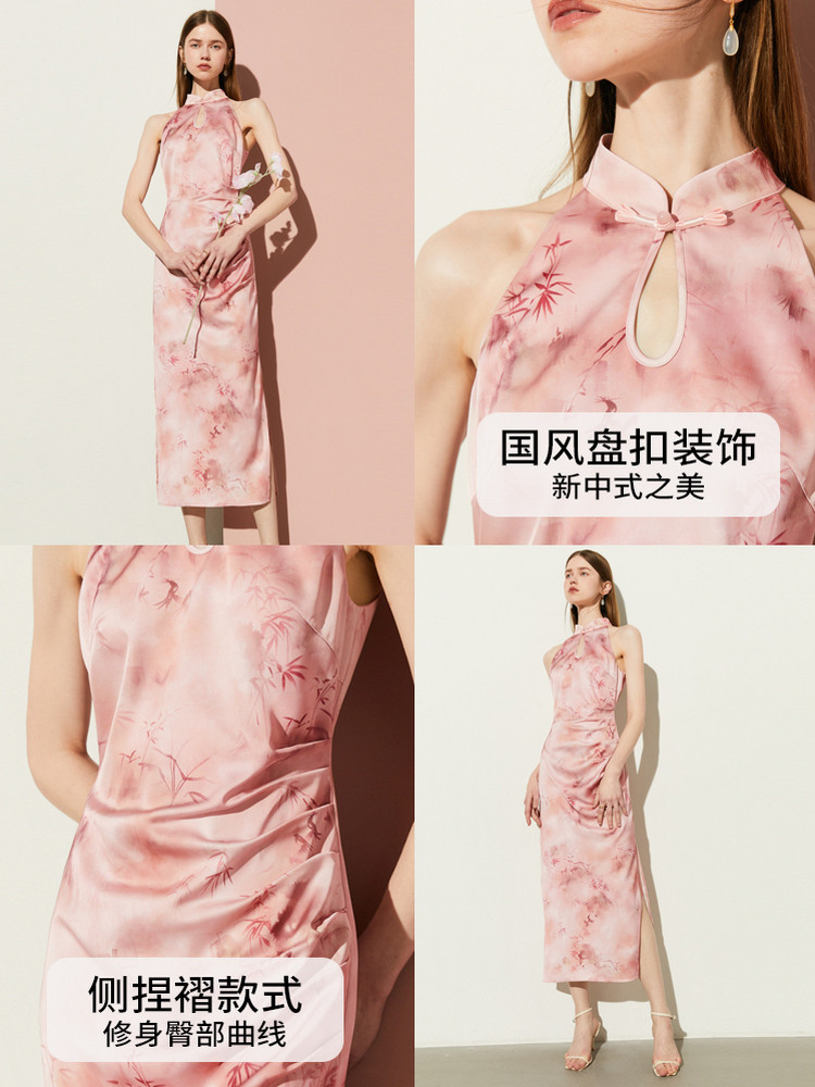 DPLAY2024 여름 새로운 중국 스타일 핑크 인쇄 새틴 인쇄 슬림 개선 여성을위한 국가 스타일 치파오 드레스
