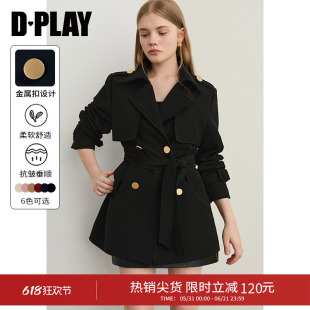 DPLAY2026年春季新款黑色风衣外套女时尚法式气质通勤外套