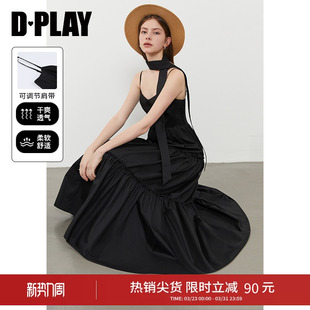 好看气质法式 黑色连衣裙女长款 裙子吊带裙长裙 新款 DPLAY秋季