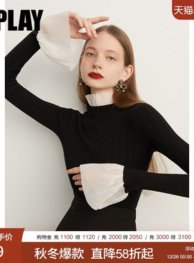 DPLAY2025年秋季法式黑色毛衣女木耳边上衣修身内搭针织衫打底衫
