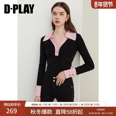 DPLAY2026春季法式黑色拼粉色针织衫高级感内搭打底衫毛衣上衣女