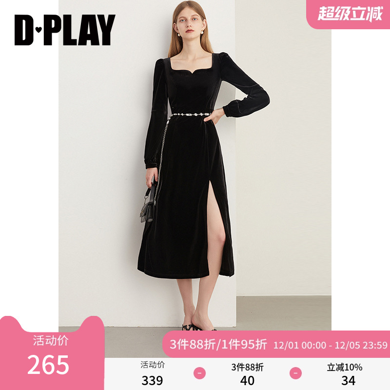 复古风摆侧开衩法式DPLAY小黑裙