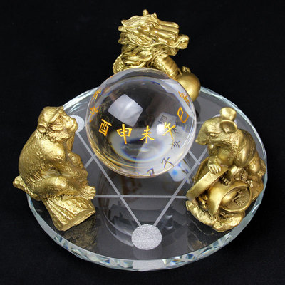 泰山福缘阁 新品 三合水晶球摆件虎马狗兔猪羊牛蛇鸡客厅家居饰品