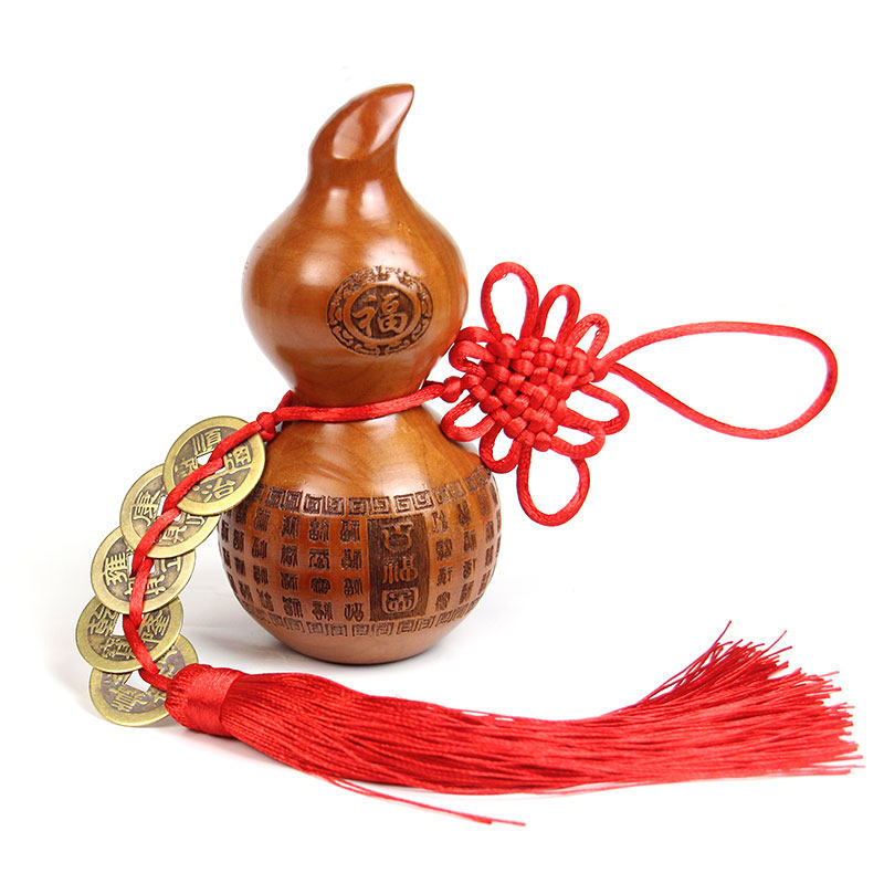 八卦桃木葫芦五帝钱挂件实木木雕卧室客厅葫芦摆件家居工艺品